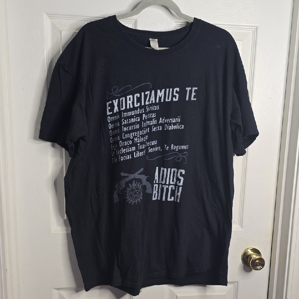 Black Graphic Supernatural T-Shirt - Exorcizamus Te Print